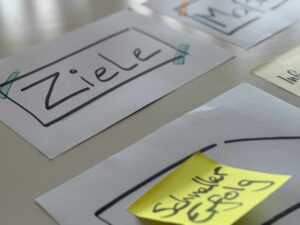 Karteikarte mit der Aufschrift „Ziele“ und Haftnotiz „Schneller Erfolg“ aus einem Workshop zu Open Educational Resources im TOBIS-Projekt.